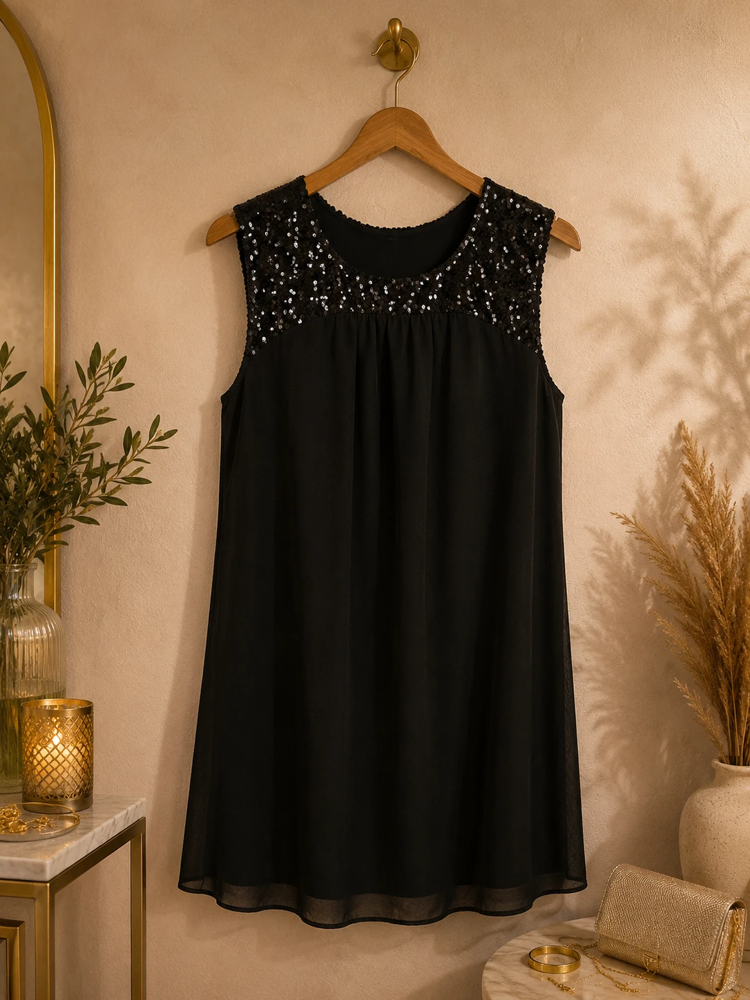 Vestido preto de festa de verão fluido com paetês – chique, elegante – photo 5